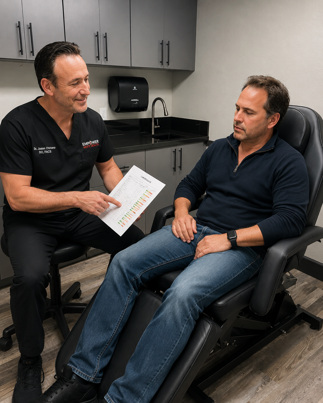 Dr. Jason reviewing TRT labs with a patient at Empower Men's Health in Rancho Cucamonga