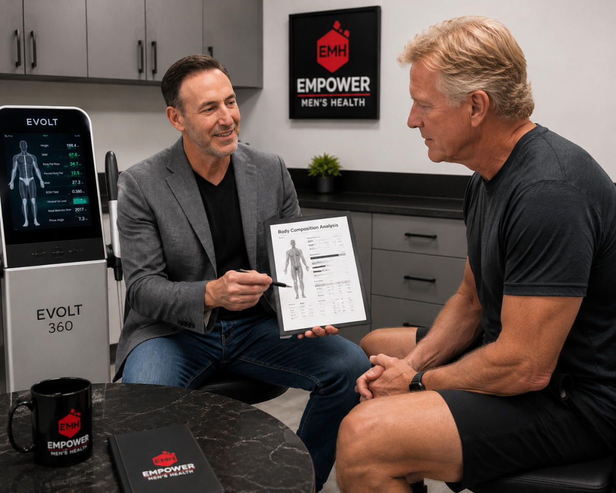Dr. Jason reviewing Evolt 360 body composition analysis with a male medical weight loss patient at Empower Men's Health in Rancho Cucamonga