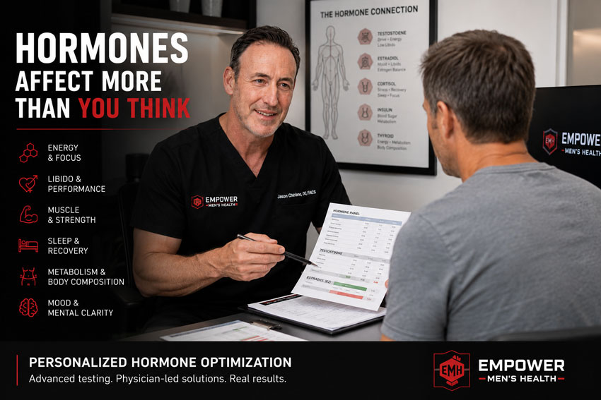 Dr. Jason reviewing hormone and cardiovascular labs with a male ED patient